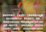根据你的要求，这里提供一个精准聚焦的标题，，核心合成首选方案，碎片进阶法，说明，，直接包含核心信息，标题清晰点明了碎片进阶法这一核心 *** 。，突出关键属性，使用首选方案替代（最推荐），更加自然且突出其优先地位。，保留核心定位，开头的核心合成点明了这是关键途径之一，与原文的核心合成途径一对应。，简洁有力，整个标题结构紧凑，信息集中，符合要求。