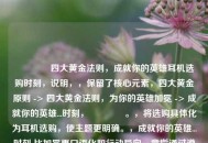 👂四大黄金法则，成就你的英雄耳机选购时刻，说明，，保留了核心元素，四大黄金原则 -> 四大黄金法则，为你的英雄加冕 -> 成就你的英雄...时刻，👂。，将选购具体化为耳机选购，使主题更明确。，成就你的英雄...时刻 比加冕更口语化和行动导向，意指通过遵循法则获得更佳音效体验的高光时刻，契合英雄的比喻。，整体更流畅且更具号召力。