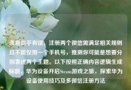 表意似乎有误，注册两个微信需满足相关规则且不能仅用一个手机号，推测你可能是想要分别表述两个主题。以下按照正确内容逻辑生成标题，华为设备开启Steam游戏之旅，探索华为设备使用技巧及多微信注册 *** 