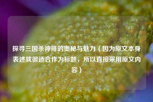 探寻三国杀神排的奥秘与魅力(因为原文本身表述就很适合作为标题,所以直接采用原文内容)