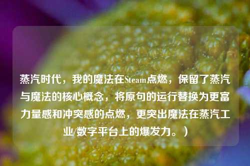 蒸汽时代,我的魔法在Steam点燃,保留了蒸汽与魔法的核心概念,将原句的运行替换为更富力量感和冲突感的点燃,更突出魔法在蒸汽工业/数字平台上的爆发力。)