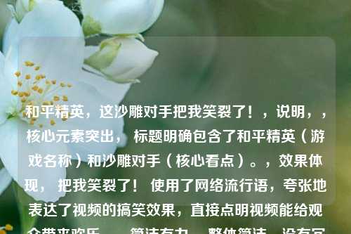 和平精英,这沙雕对手把我笑裂了!,说明,,核心元素突出, 标题明确包含了和平精英(游戏名称)和沙雕对手(核心看点)。,效果体现, 把我笑裂了! 使用了 *** 流行语,夸张地表达了视频的搞笑效果,直接点明视频能给观众带来欢乐。,简洁有力, 整体简洁,没有冗长信息,符合短视频平台的标题风格。,吸引力强, 用沙雕和笑裂了营造出一种好奇和轻松的氛围,吸引用户点击观看。
