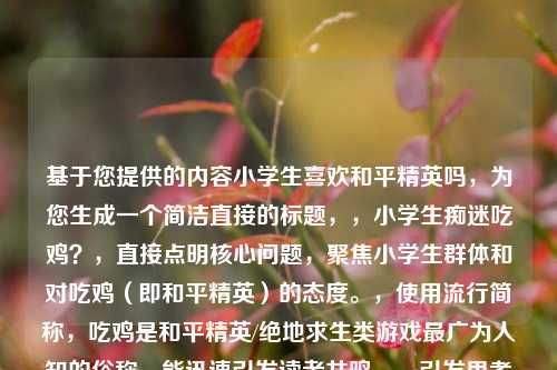 基于您提供的内容小学生喜欢和平精英吗,为您生成一个简洁直接的标题,,小学生痴迷吃鸡?,直接点明核心问题,聚焦小学生群体和对吃鸡(即和平精英)的态度。,使用流行简称,吃鸡是和平精英/绝地求生类游戏最广为人知的俗称,能迅速引发读者共鸣。,引发思考与关注,用痴迷一词(带问号)概括了可能的现状,暗示探讨和潜在担忧,容易吸引目标读者(家长、教育者等)注意。,简洁有力,符合您只要1个标题的要求,信息点明确。