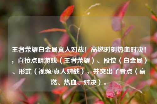王者荣耀白金局真人对战!高燃时刻热血对决!,直接点明游戏(王者荣耀)、段位(白金局)、形式(视频/真人对战),并突出了看点(高燃、热血、对决)。