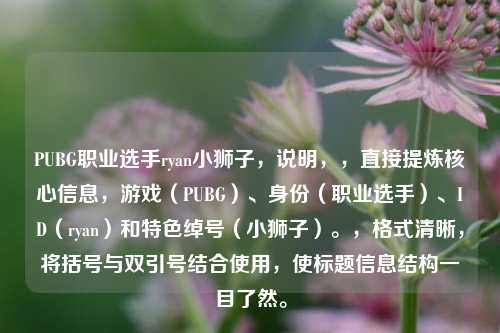 PUBG职业选手ryan小狮子,说明,,直接提炼核心信息,游戏(PUBG)、身份(职业选手)、ID(ryan)和特色绰号(小狮子)。,格式清晰,将括号与双引号结合使用,使标题信息结构一目了然。