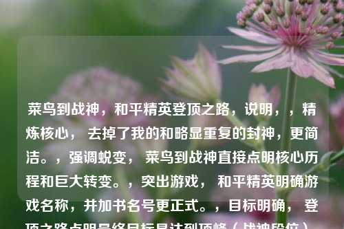 菜鸟到战神,和平精英登顶之路,说明,,精炼核心, 去掉了我的和略显重复的封神,更简洁。,强调蜕变, 菜鸟到战神直接点明核心历程和巨大转变。,突出游戏, 和平精英明确游戏名称,并加书名号更正式。,目标明确, 登顶之路点明最终目标是达到顶峰(战神段位),比封神之路更符合游戏术语和实际追求。
