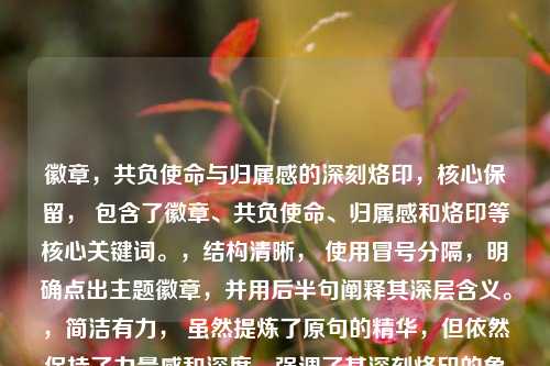 徽章,共负使命与归属感的深刻烙印,核心保留, 包含了徽章、共负使命、归属感和烙印等核心关键词。,结构清晰, 使用冒号分隔,明确点出主题徽章,并用后半句阐释其深层含义。,简洁有力, 虽然提炼了原句的精华,但依然保持了力量感和深度,强调了其深刻烙印的象征意义。,高度关联, 完全基于您提供的共负使命徽章,归属感的深层烙印生成。