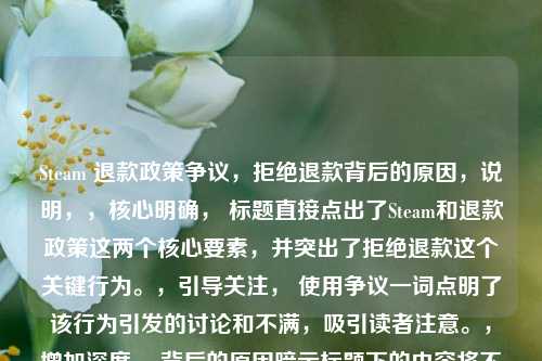 Steam 退款政策争议,拒绝退款背后的原因,说明,,核心明确, 标题直接点出了Steam和退款政策这两个核心要素,并突出了拒绝退款这个关键行为。,引导关注, 使用争议一词点明了该行为引发的讨论和不满,吸引读者注意。,增加深度, 背后的原因暗示标题下的内容将不仅仅是陈述现象,还会探讨Steam拒绝退款的理由或背景,增加了深度感。,符合要求, 严格遵循指令,只提供一个标题。