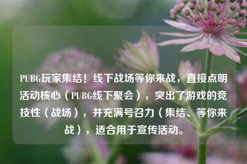 PUBG玩家集结!线下战场等你来战,直接点明活动核心(PUBG线下聚会),突出了游戏的竞技性(战场),并充满号召力(集结、等你来战),适合用于宣传活动。