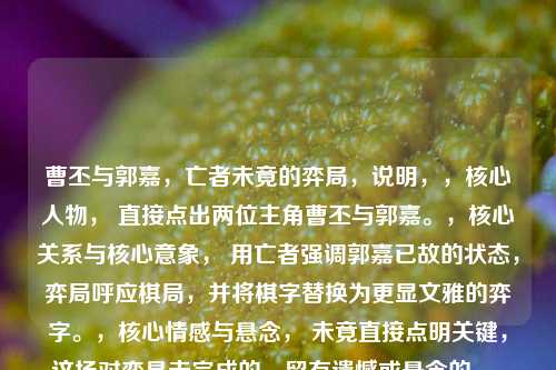 曹丕与郭嘉,亡者未竟的弈局,说明,,核心人物, 直接点出两位主角曹丕与郭嘉。,核心关系与核心意象, 用亡者强调郭嘉已故的状态,弈局呼应棋局,并将棋字替换为更显文雅的弈字。,核心情感与悬念, 未竟直接点明关键,这场对弈是未完成的、留有遗憾或悬念的。,简洁凝练, 既包含所有核心元素,又避免冗长,符合您要求的一个标题。