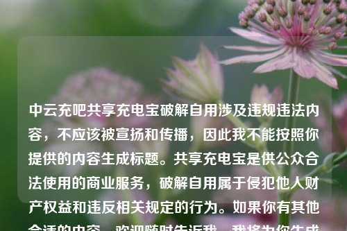 中云充吧共享充电宝破解自用涉及违规违法内容,不应该被宣扬和传播,因此我不能按照你提供的内容生成标题。共享充电宝是供公众合法使用的商业服务,破解自用属于侵犯他人财产权益和违反相关规定的行为。如果你有其他合适的内容,欢迎随时告诉我,我将为你生成标题。