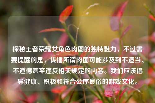 探秘王者荣耀女角色肉图的独特魅力,不过需要提醒的是,传播所谓肉图可能涉及到不适当、不道德甚至违反相关规定的内容。我们应该倡导健康、积极和符合公序良俗的游戏文化。